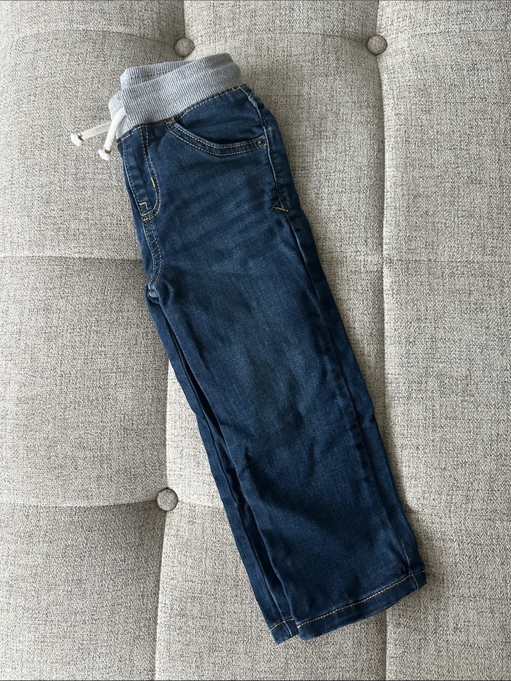 Kids Dark Wash Pull-On Jeans with Gray Ribbed Waistband